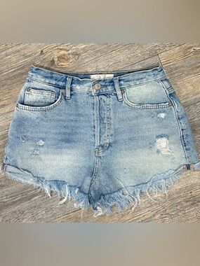 We the Free Lasso Denim Shorts 27 High-Rise Distressed - Light Blue Button Fly